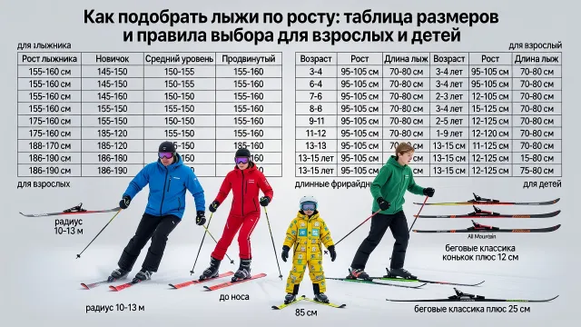 Как подобрать лыжи по росту: таблица размеров и правила выбора для взрослых и детей